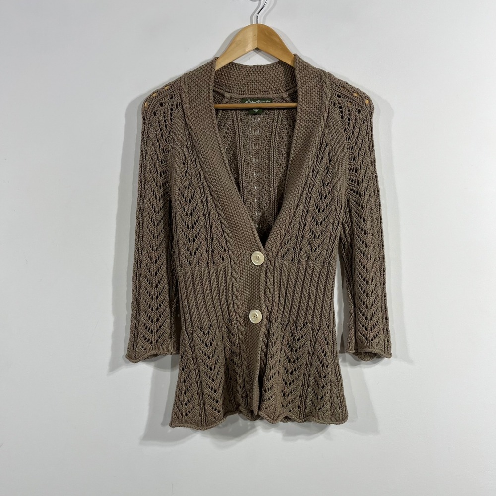 Eddie Bauer VTG 90s Linen Cotton Pointelle Knit Cardigan Brown Shawl Collar SP